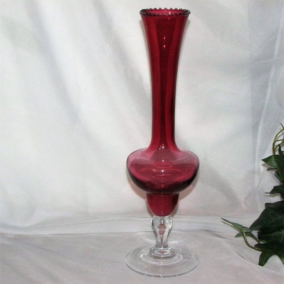 12" Vintage Cranberry Glass Footed Vase Red Clear Base Tall Home Decor - Picture 2 of 4